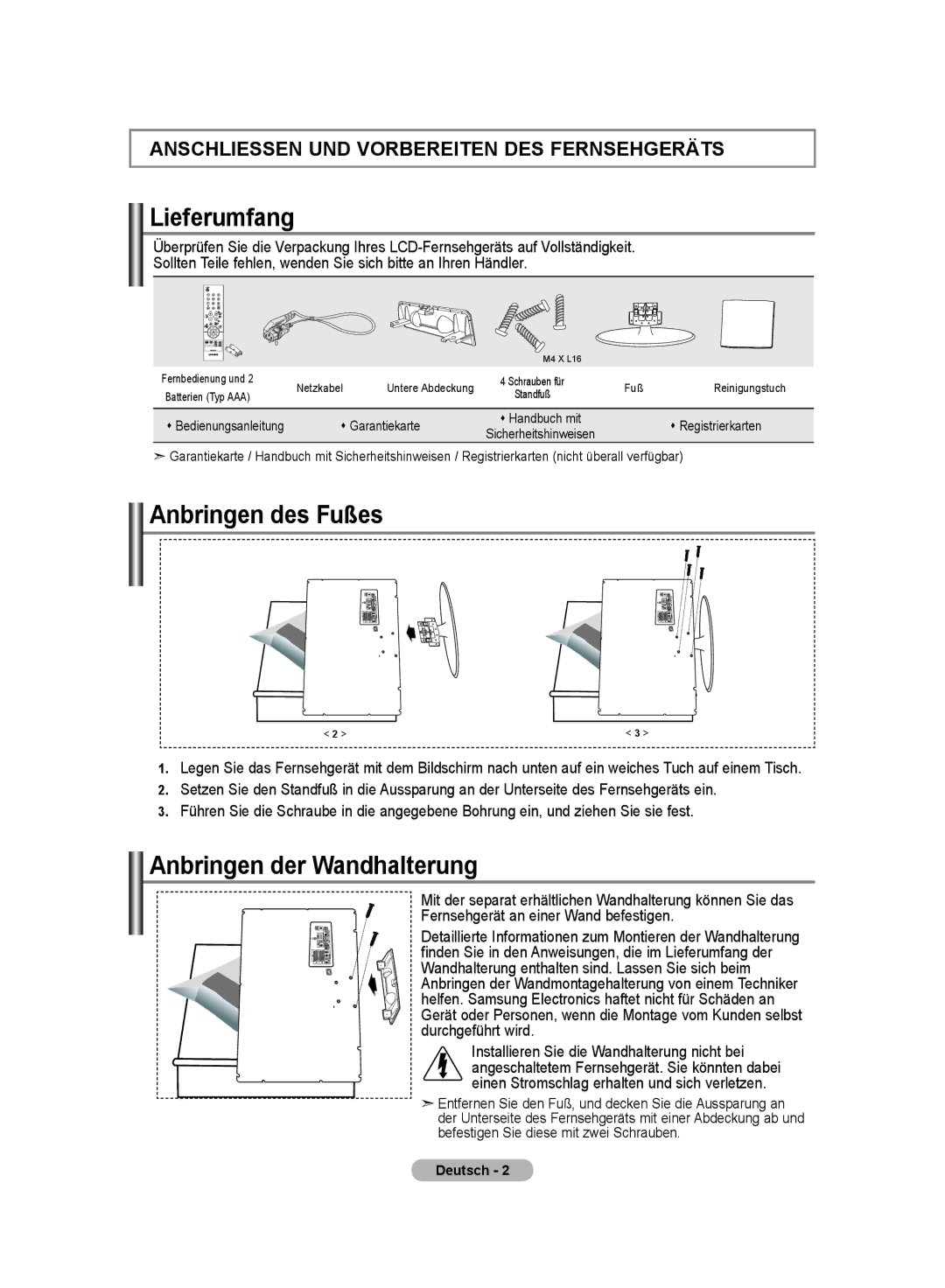 Samsung LE20S8 manual Lieferumfang, Anbringen des Fußes, Anbringen der Wandhalterung 