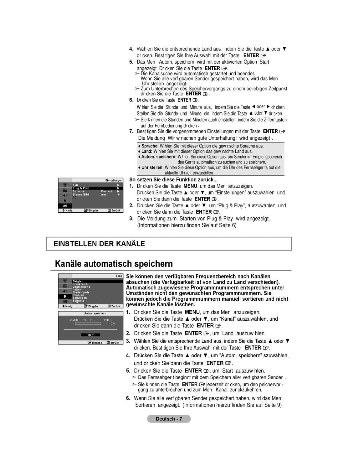 Samsung LE20S8 manual Kanäle automatisch speichern, So setzen Sie diese Funktion zurück 