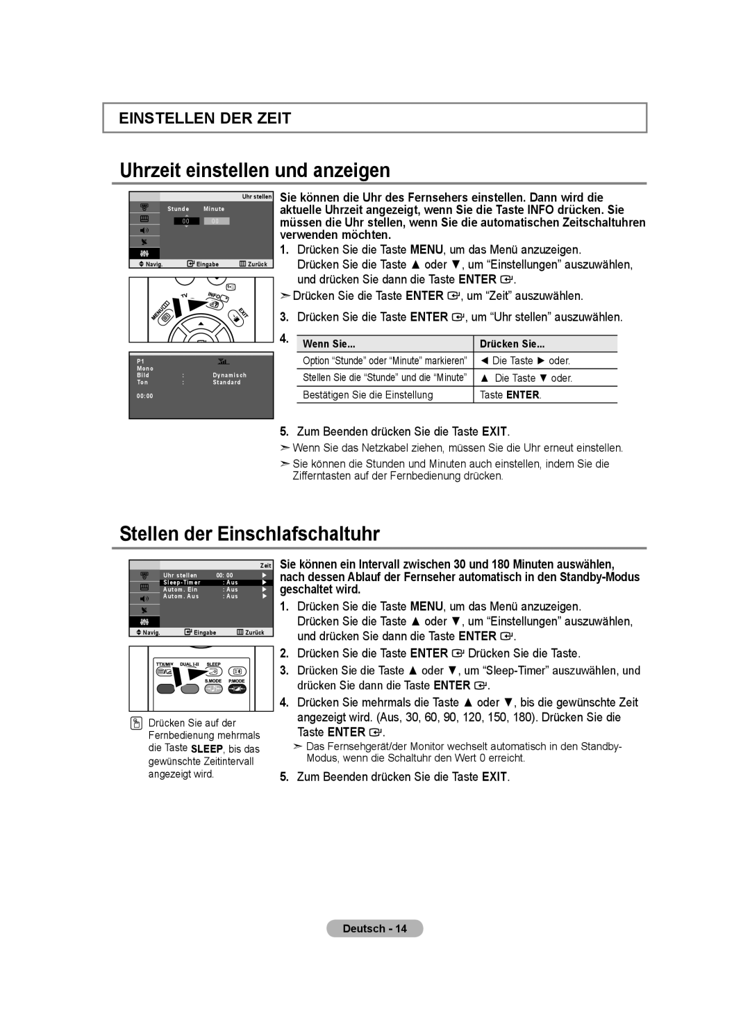 Samsung LE20S8 manual Uhrzeit einstellen und anzeigen, Stellen der Einschlafschaltuhr 