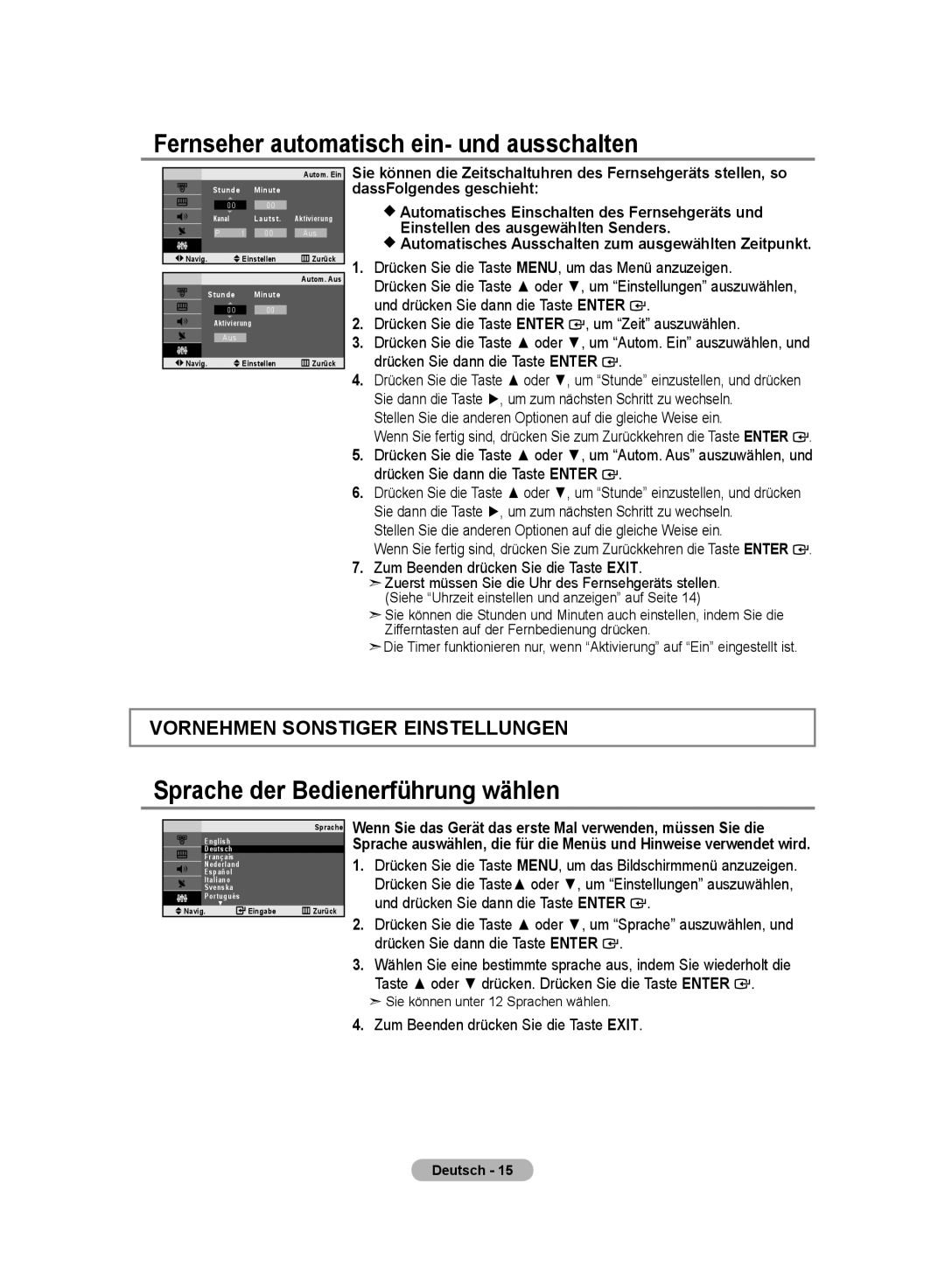 Samsung LE20S8 manual Fernseher automatisch ein- und ausschalten, Sprache der Bedienerführung wählen 