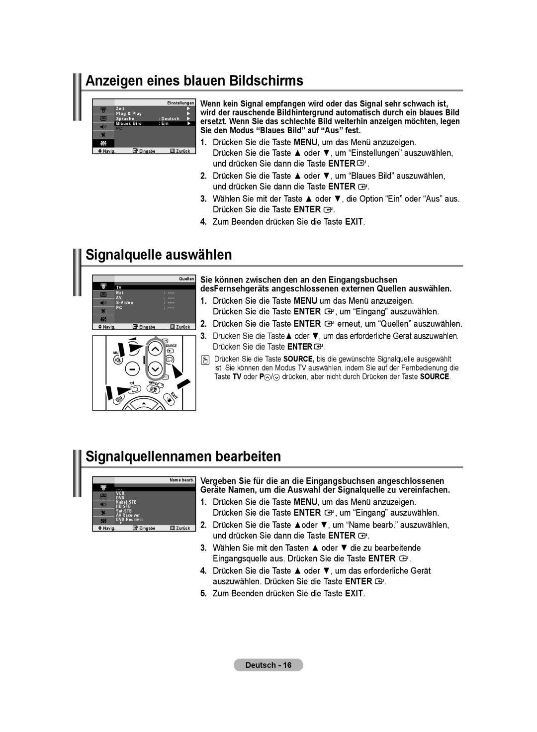 Samsung LE20S8 manual Anzeigen eines blauen Bildschirms, Signalquelle auswählen, Signalquellennamen bearbeiten 