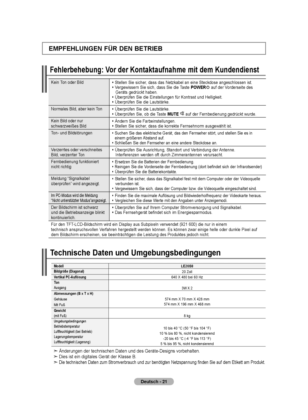 Samsung LE20S8 Technische Daten und Umgebungsbedingungen, Fehlerbehebung Vor der Kontaktaufnahme mit dem Kundendienst 