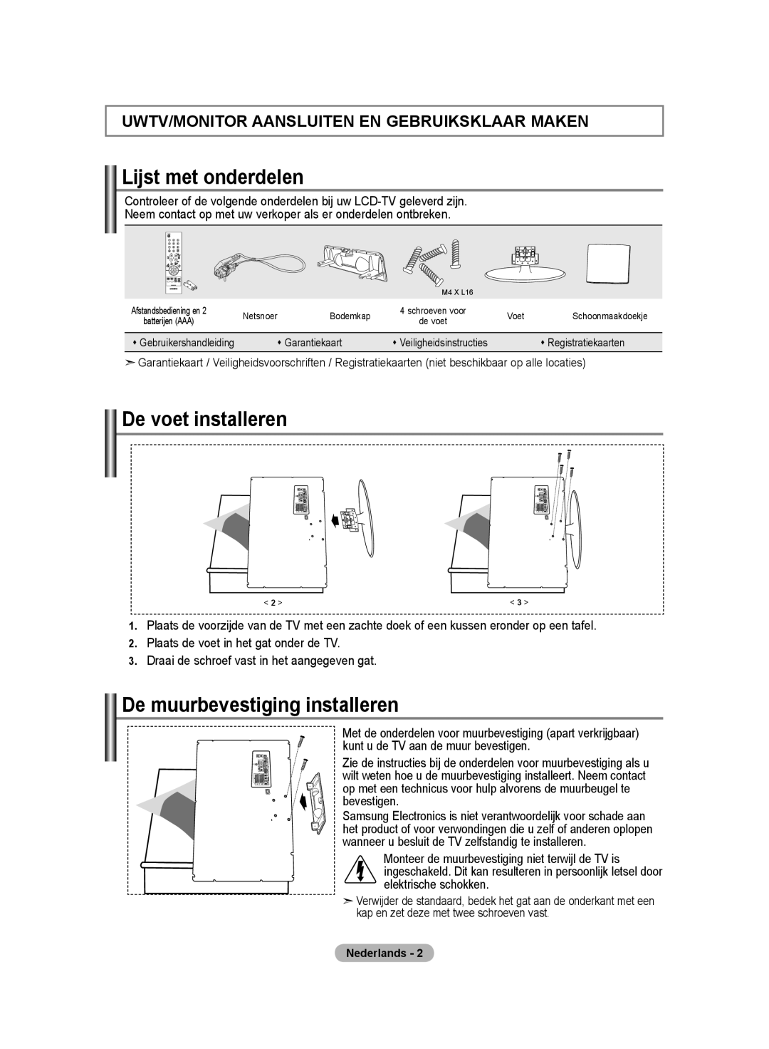 Samsung LE20S8 manual Lijst met onderdelen, De voet installeren, De muurbevestiging installeren 