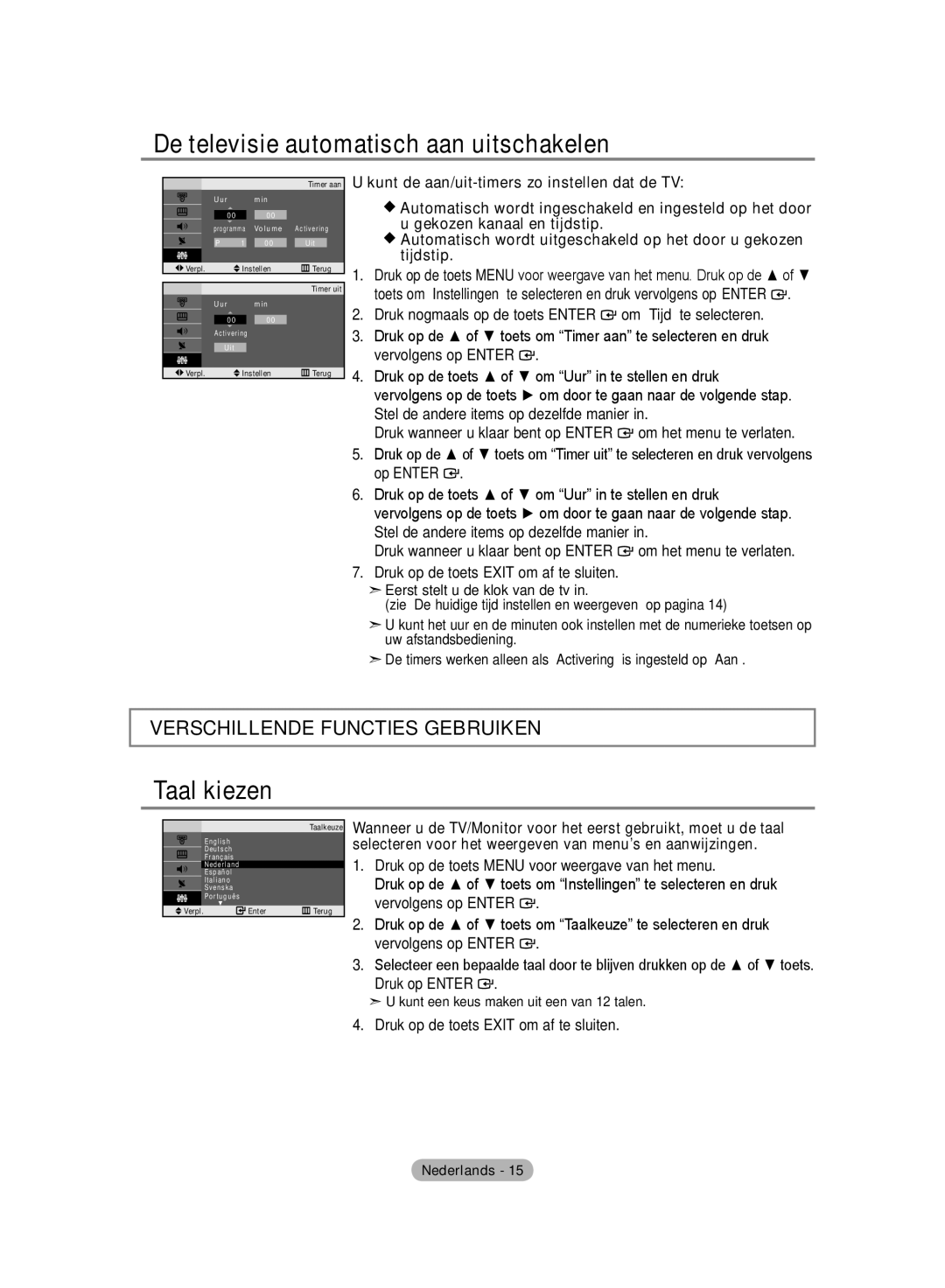 Samsung LE20S8 manual De televisie automatisch aan uitschakelen, Taal kiezen 