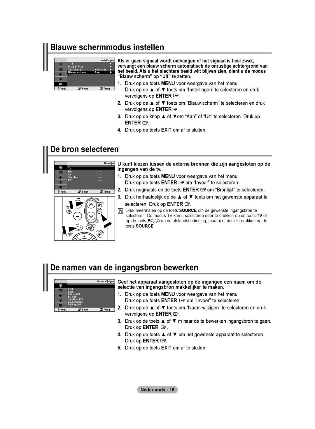 Samsung LE20S8 manual Blauwe schermmodus instellen, De bron selecteren, De namen van de ingangsbron bewerken 