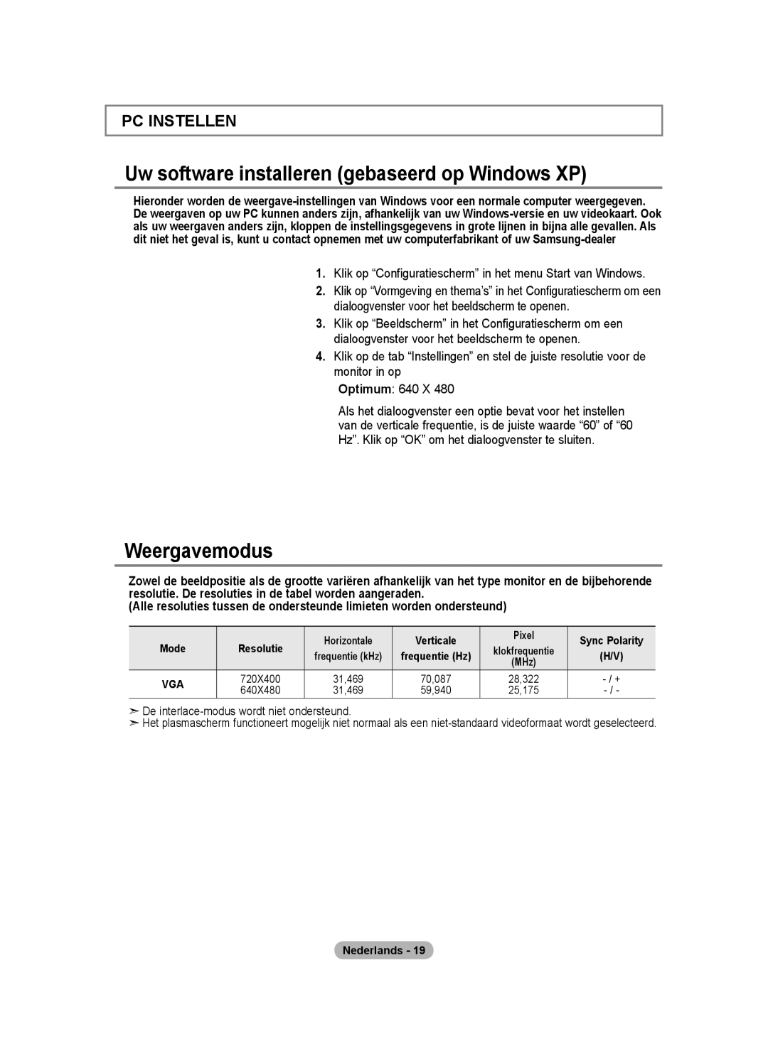 Samsung LE20S8 Uw software installeren gebaseerd op Windows XP, Weergavemodus, De interlace-modus wordt niet ondersteund 