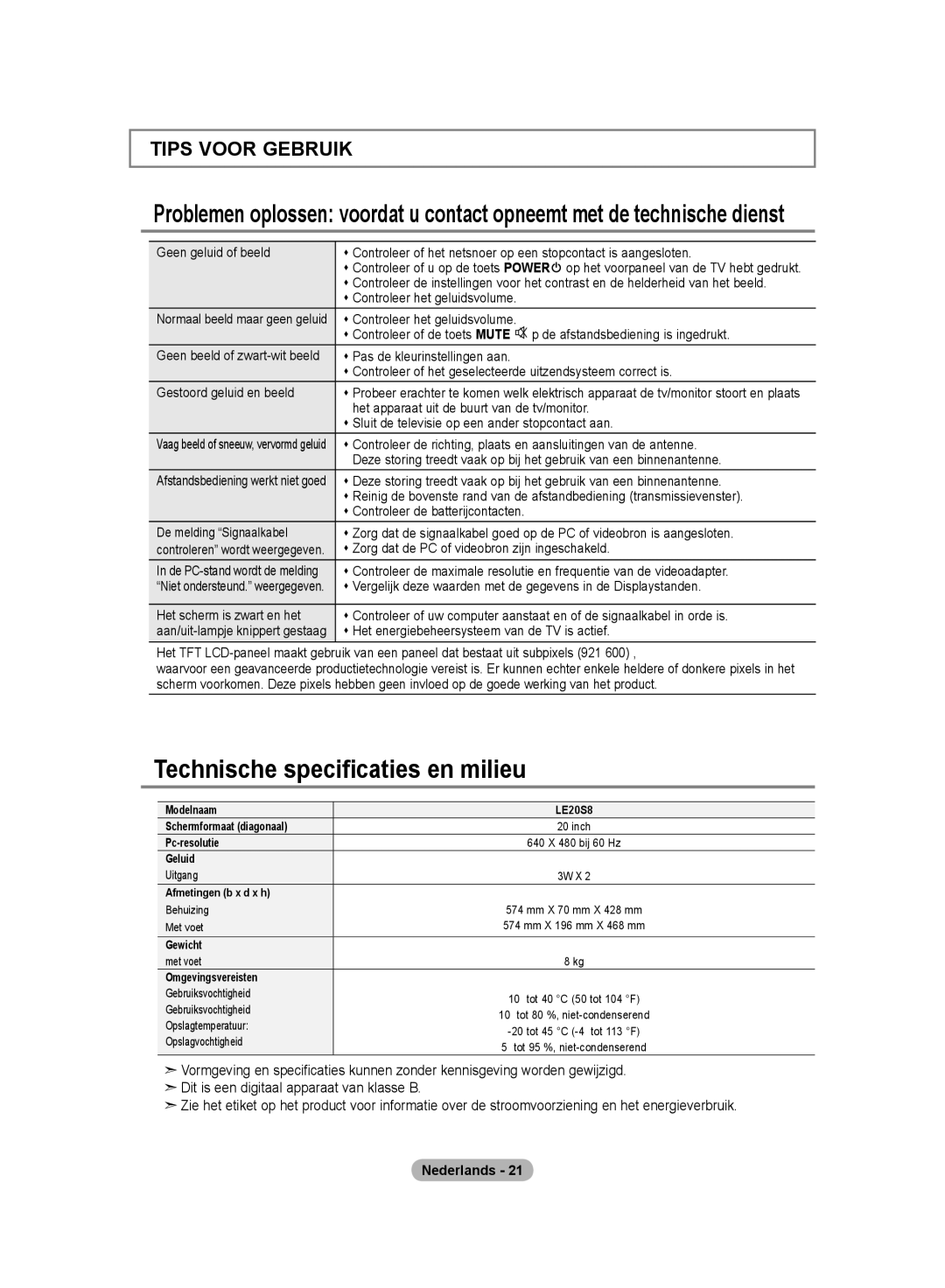 Samsung LE20S8 manual Technische specificaties en milieu, Tips Voor Gebruik 