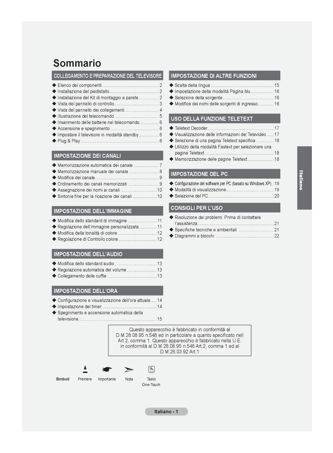 Samsung LE20S8 manual Questo apparecchio è fabbricato in conformità al, Italiano  