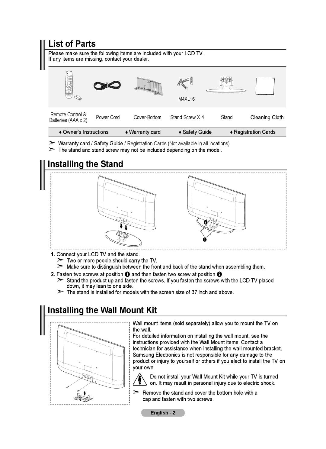 Samsung LE22A455, LE22A457 user manual List of Parts, Installing the Stand, Installing the Wall Mount Kit 