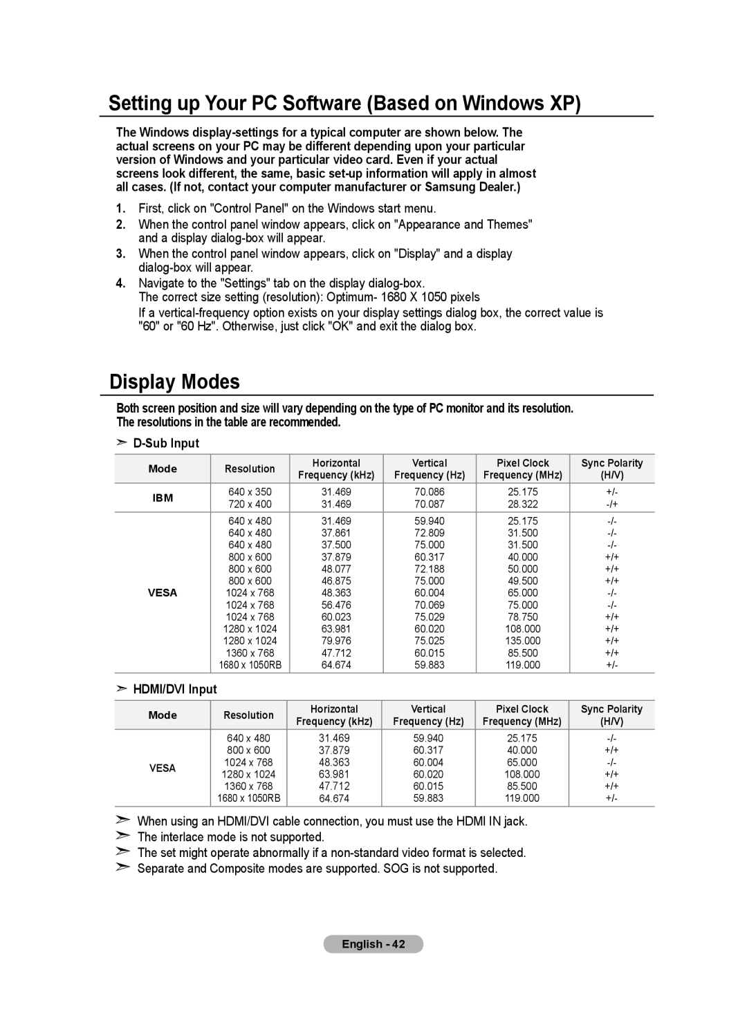 Samsung LE22A455, LE22A457 Setting up Your PC Software Based on Windows XP, Display Modes, Sub Input, HDMI/DVI Input 