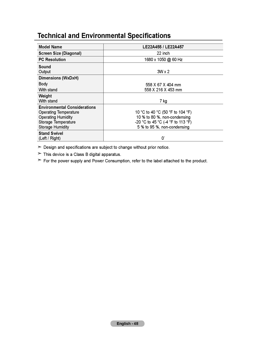 Samsung LE22A455, LE22A457 user manual Technical and Environmental Specifications 