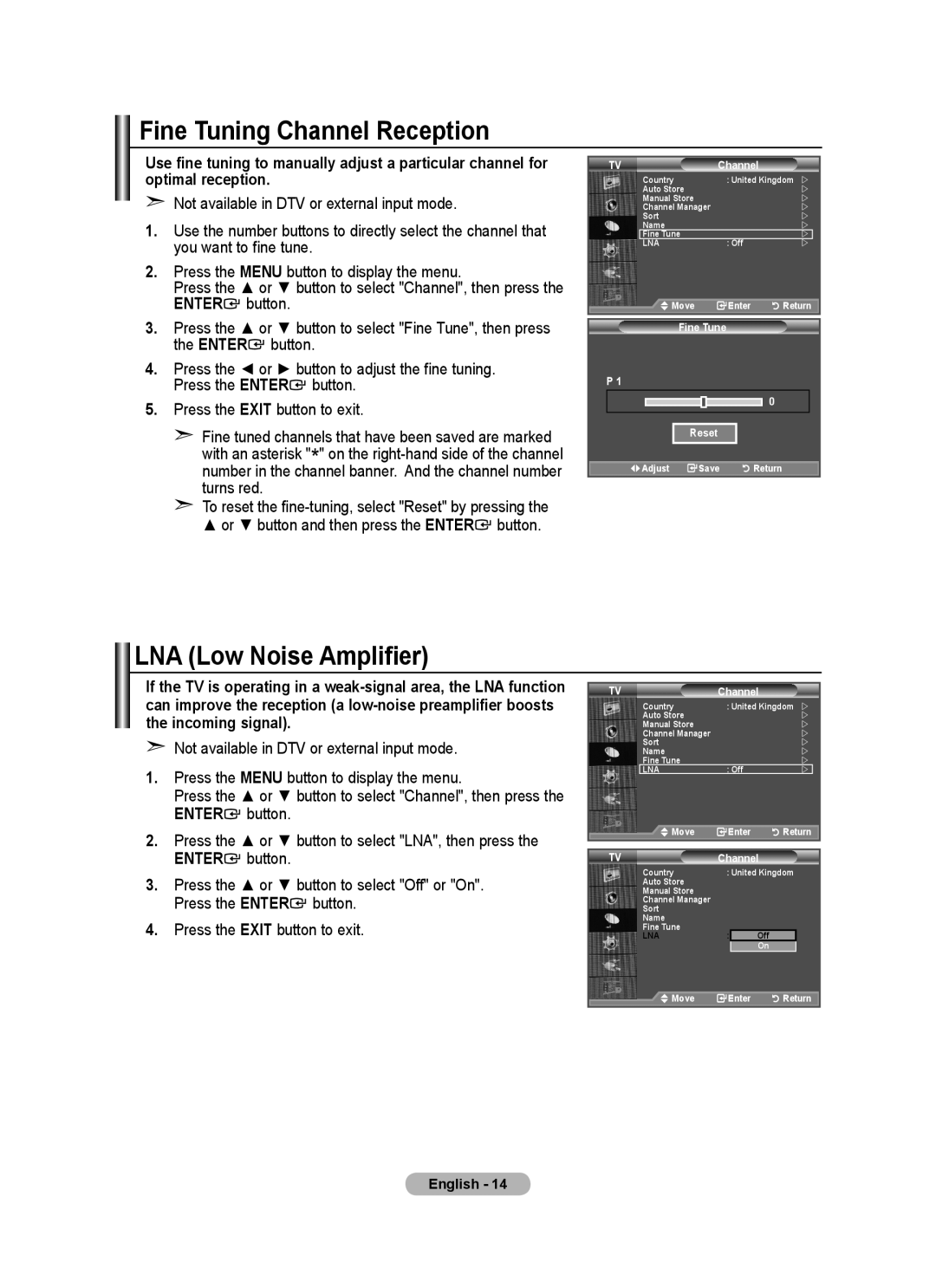 Samsung LE22A455C1D user manual Fine Tuning Channel Reception, LNA Low Noise Amplifier 