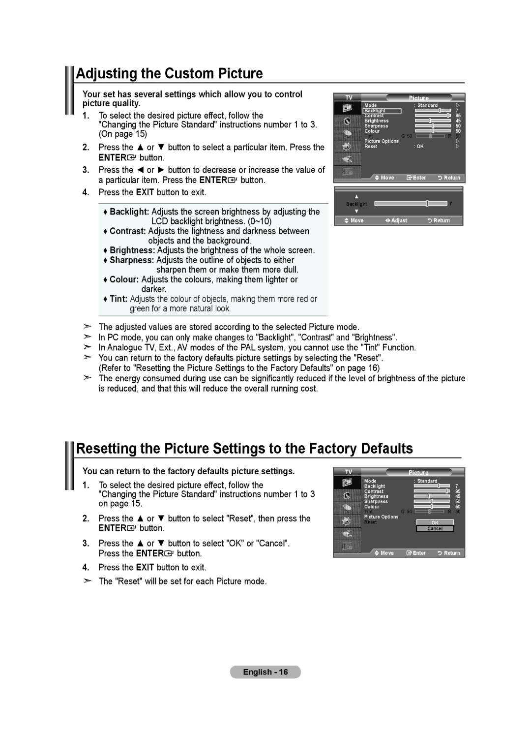 Samsung LE22A455C1D user manual Adjusting the Custom Picture, Resetting the Picture Settings to the Factory Defaults 