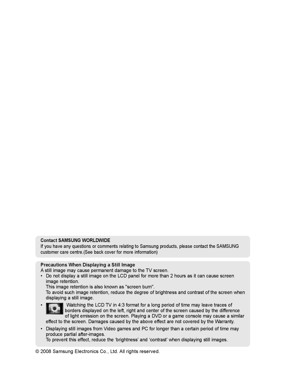 Samsung LE22A455C1D user manual Contact Samsung Worldwide, Precautions When Displaying a Still Image 