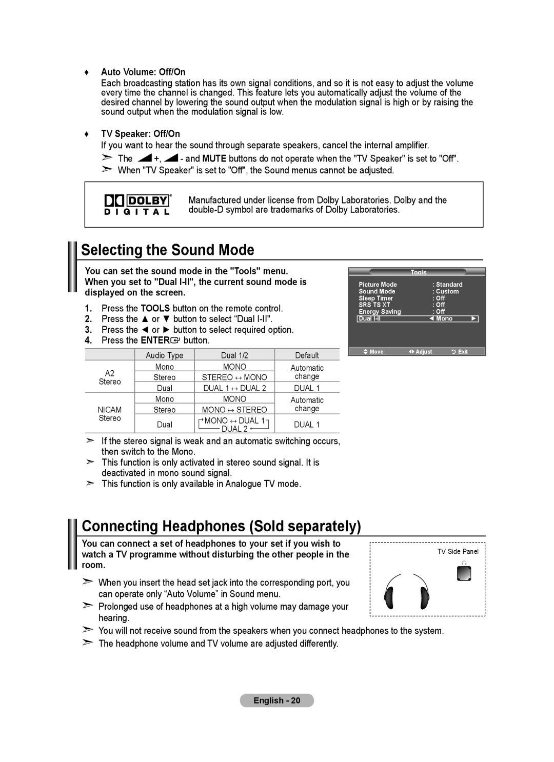 Samsung LE22A455C1D user manual Selecting the Sound Mode, Connecting Headphones Sold separately 