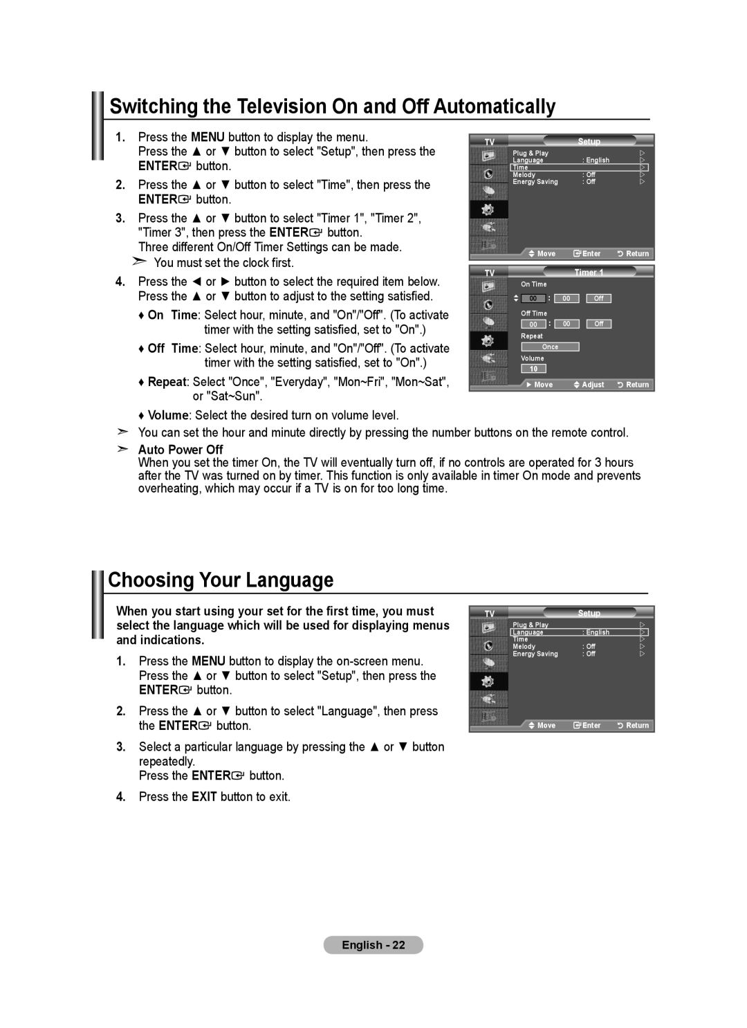 Samsung LE22A455C1D user manual Switching the Television On and Off Automatically, Choosing Your Language, Auto Power Off 