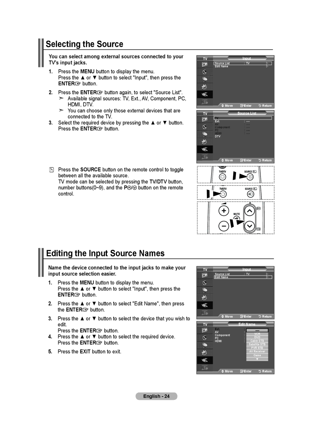 Samsung LE22A455C1D user manual Selecting the Source, Editing the Input Source Names 