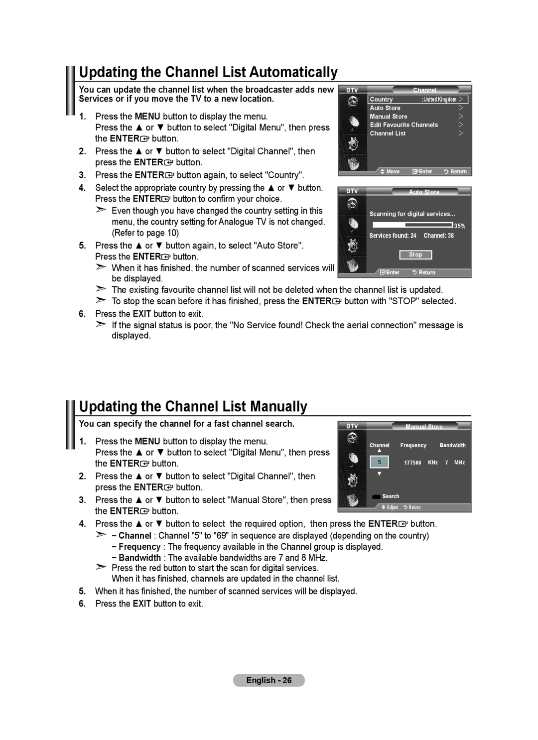 Samsung LE22A455C1D user manual Updating the Channel List Manually, Services or if you move the TV to a new location, Enter 
