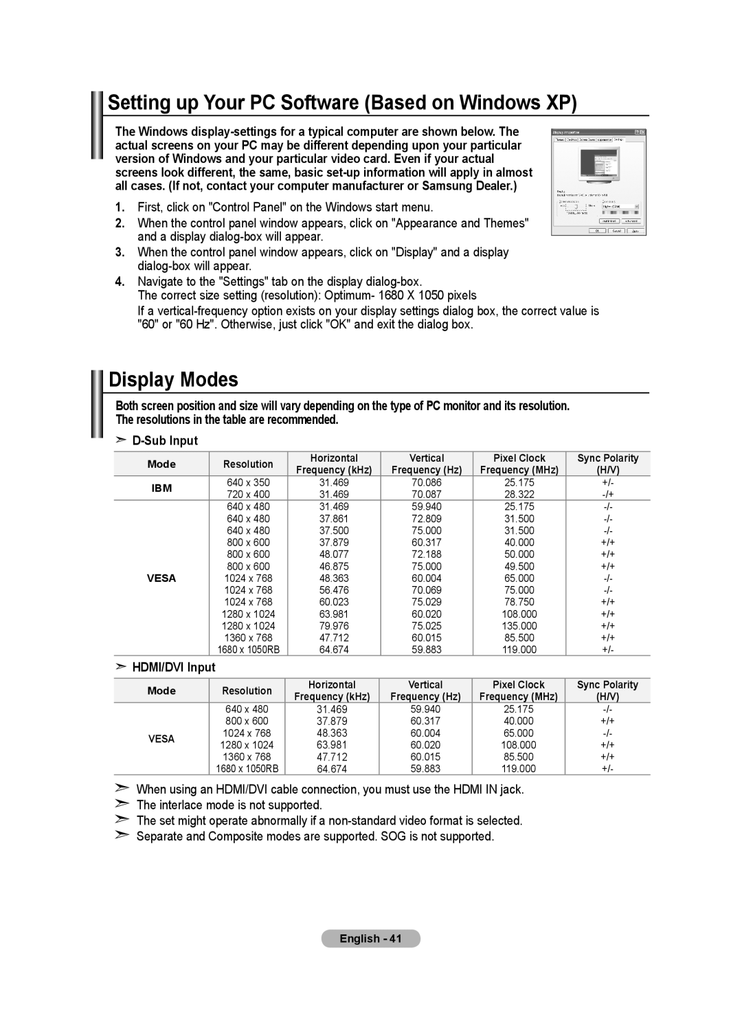 Samsung LE22A455C1D user manual Setting up Your PC Software Based on Windows XP, Display Modes, Sub Input 