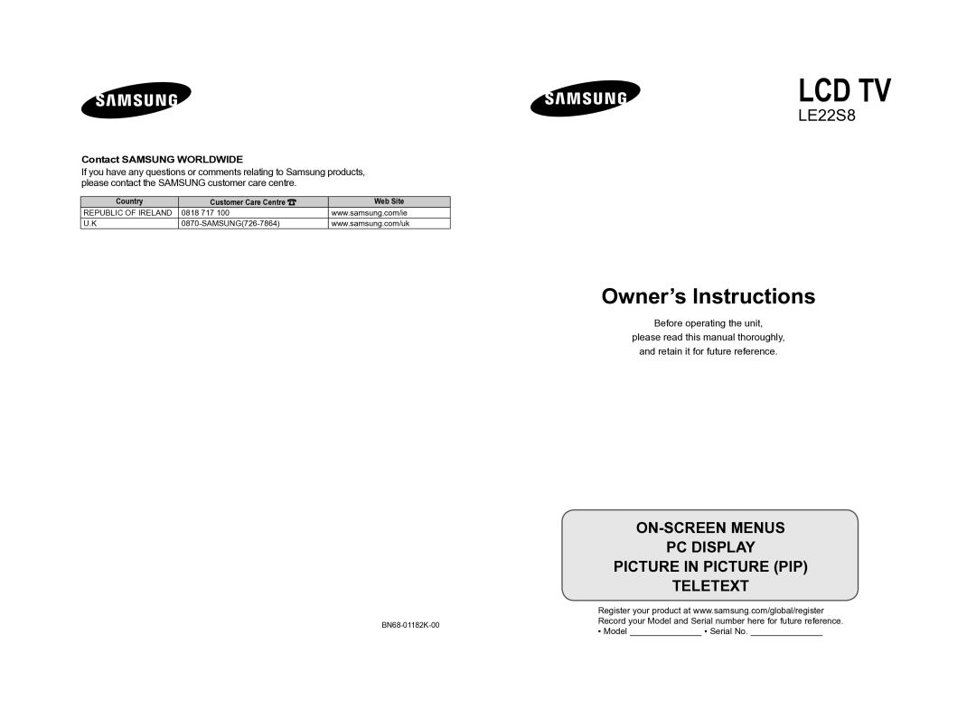 Samsung LE22S8 manual Lcd Tv, Model Serial No 