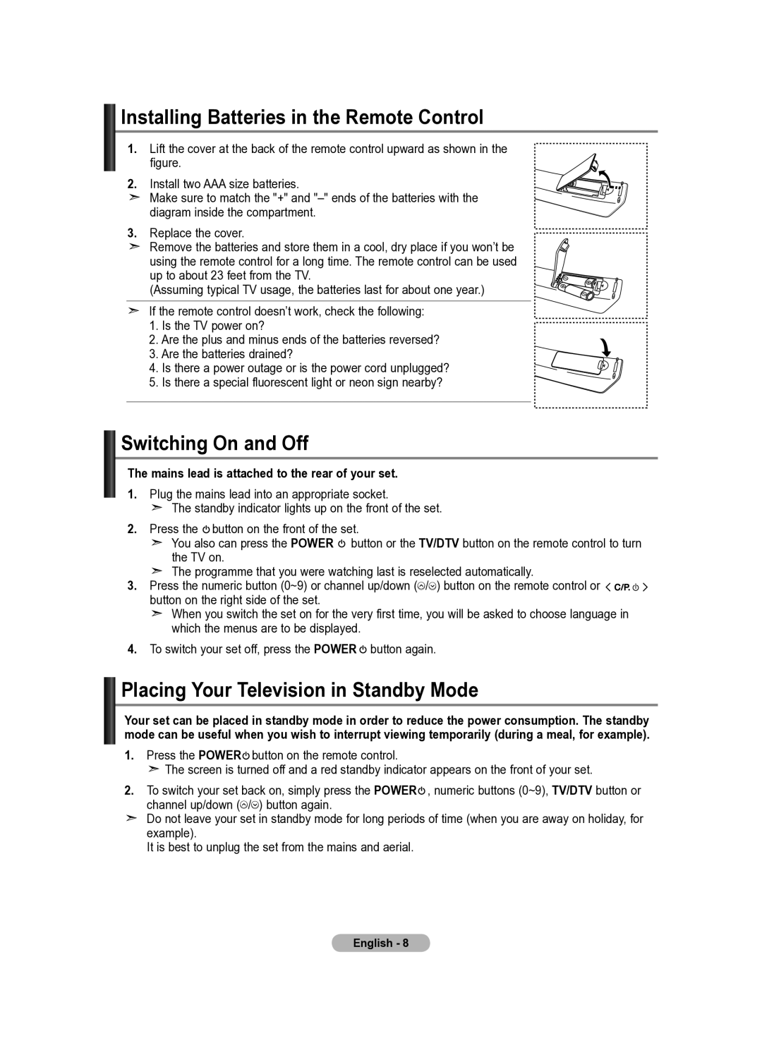 Samsung LE22S8 Installing Batteries in the Remote Control, Switching On and Off, Placing Your Television in Standby Mode 