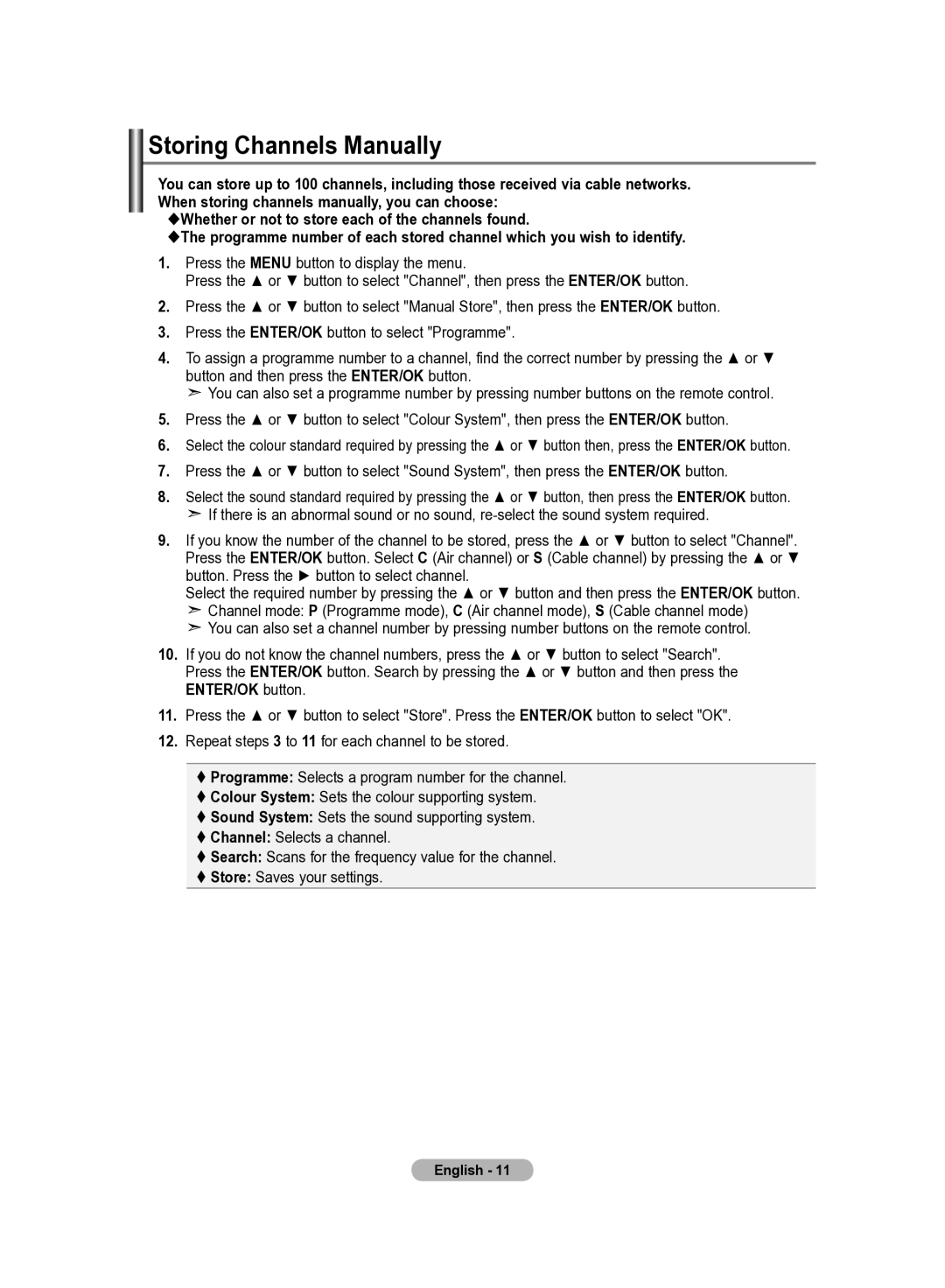 Samsung LE22S8 manual Storing Channels Manually, ENTER/OK button 