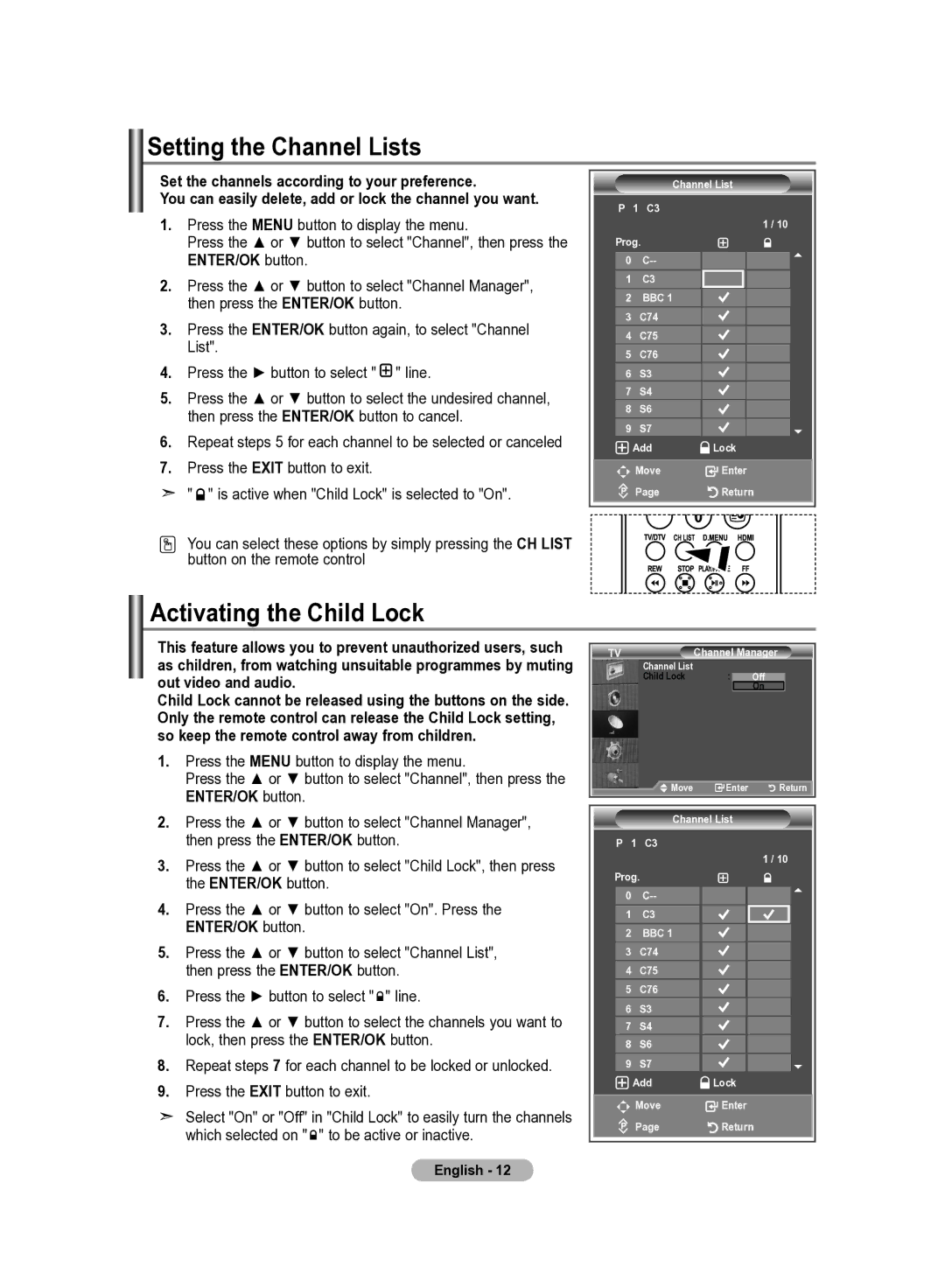 Samsung LE22S8 manual Setting the Channel Lists, Activating the Child Lock 