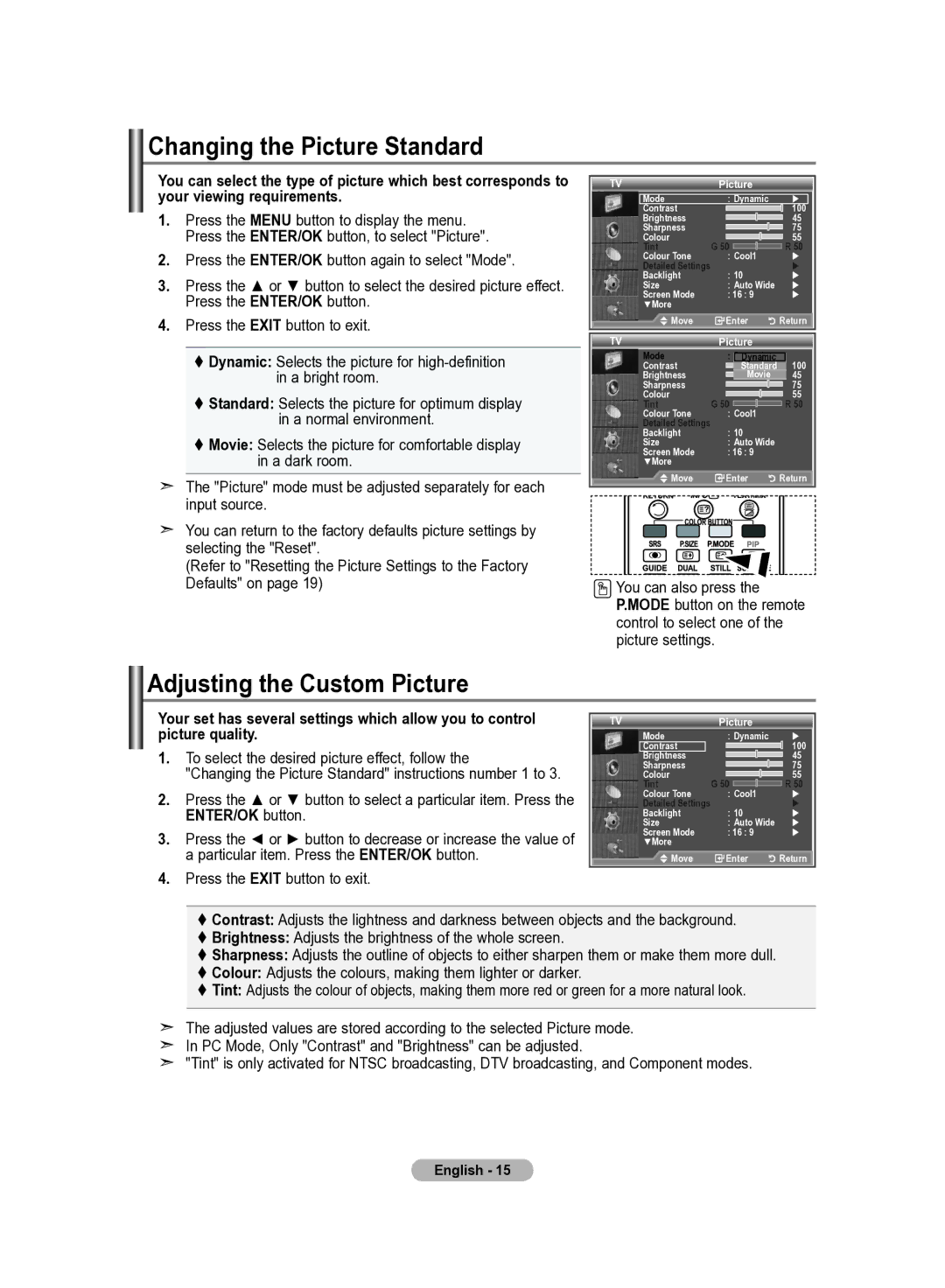 Samsung LE22S8 Changing the Picture Standard, Adjusting the Custom Picture, To select the desired picture effect, follow 