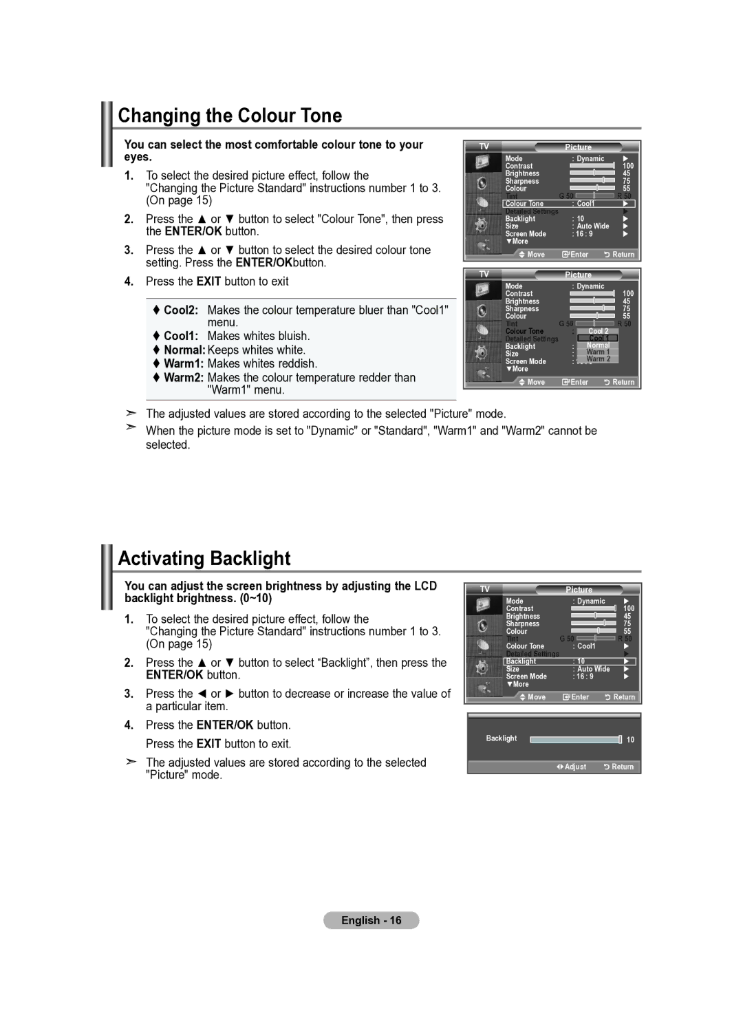 Samsung LE22S8 manual Changing the Colour Tone, Activating Backlight 