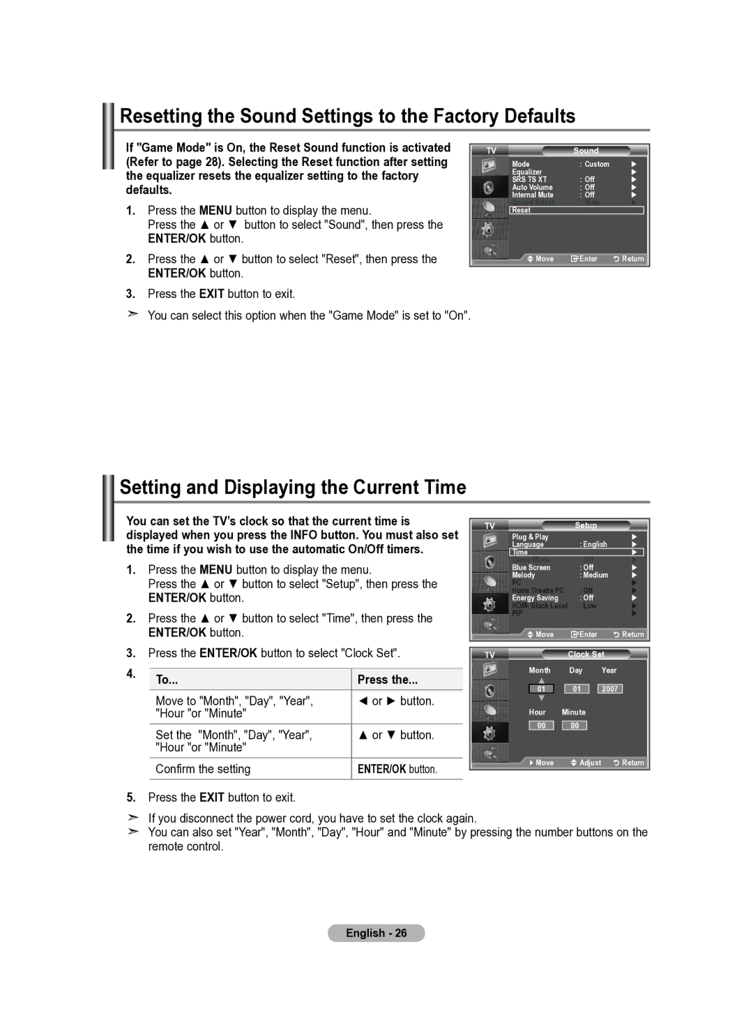 Samsung LE22S8 manual Resetting the Sound Settings to the Factory Defaults, Setting and Displaying the Current Time 