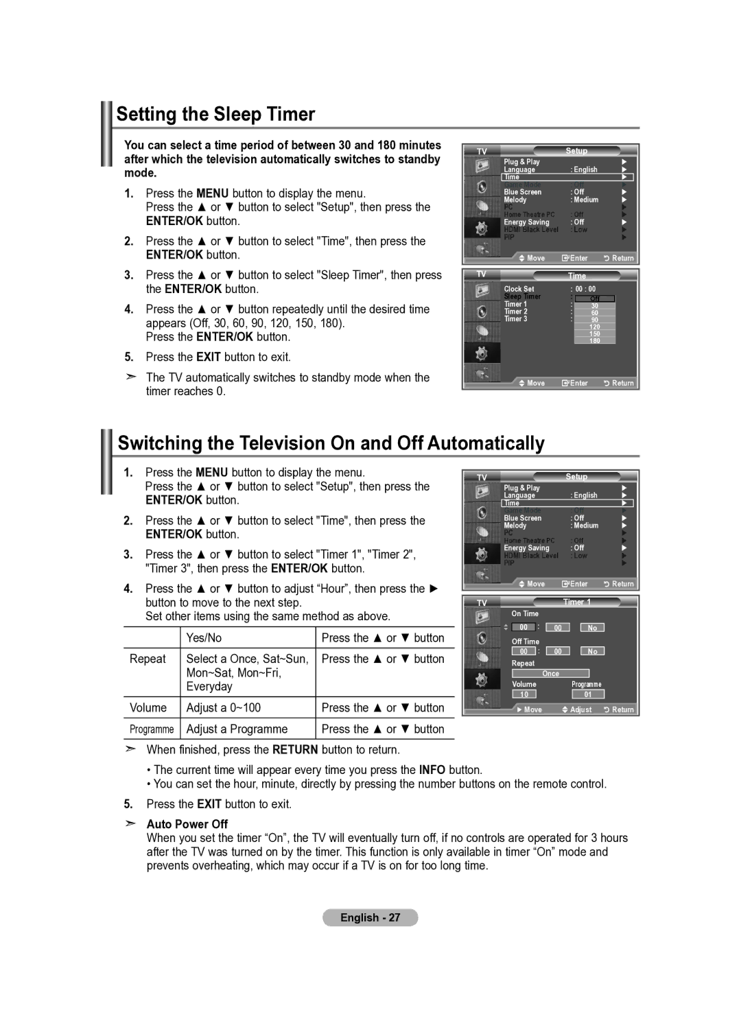 Samsung LE22S8 manual Setting the Sleep Timer, Switching the Television On and Off Automatically, Auto Power Off 