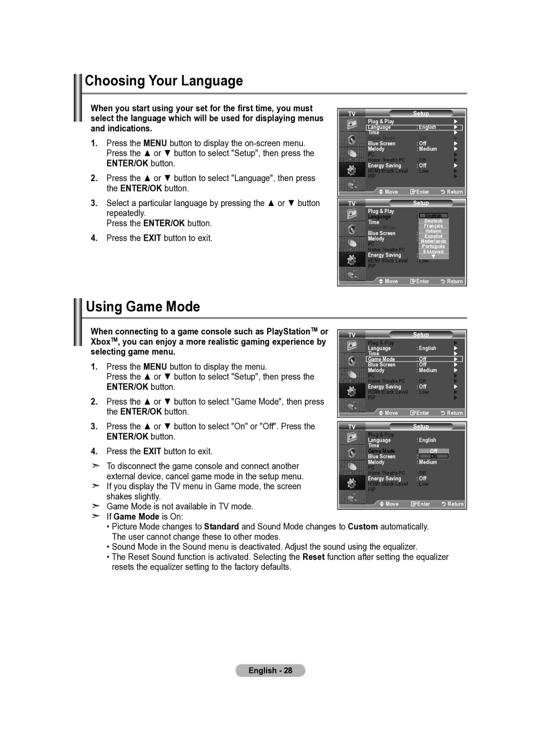 Samsung LE22S8 manual Choosing Your Language, Using Game Mode, Press the Menu button to display the on-screen menu 