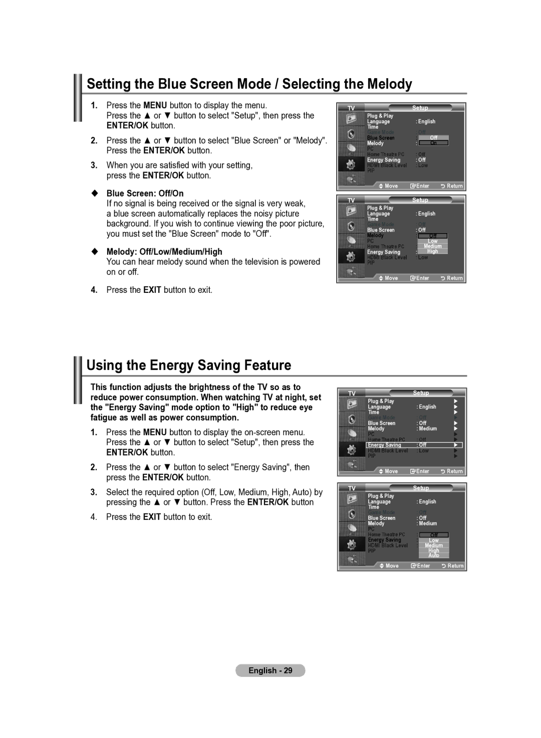 Samsung LE22S8 Setting the Blue Screen Mode / Selecting the Melody, Using the Energy Saving Feature,  Blue Screen Off/On 