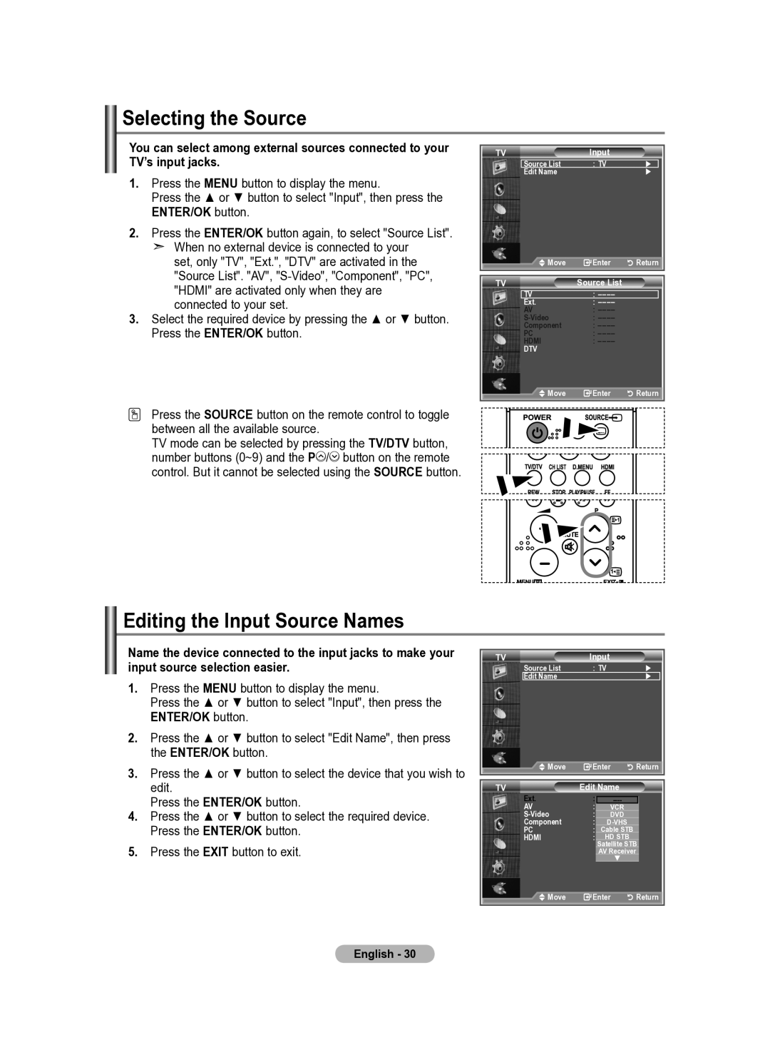 Samsung LE22S8 manual Selecting the Source, Editing the Input Source Names 