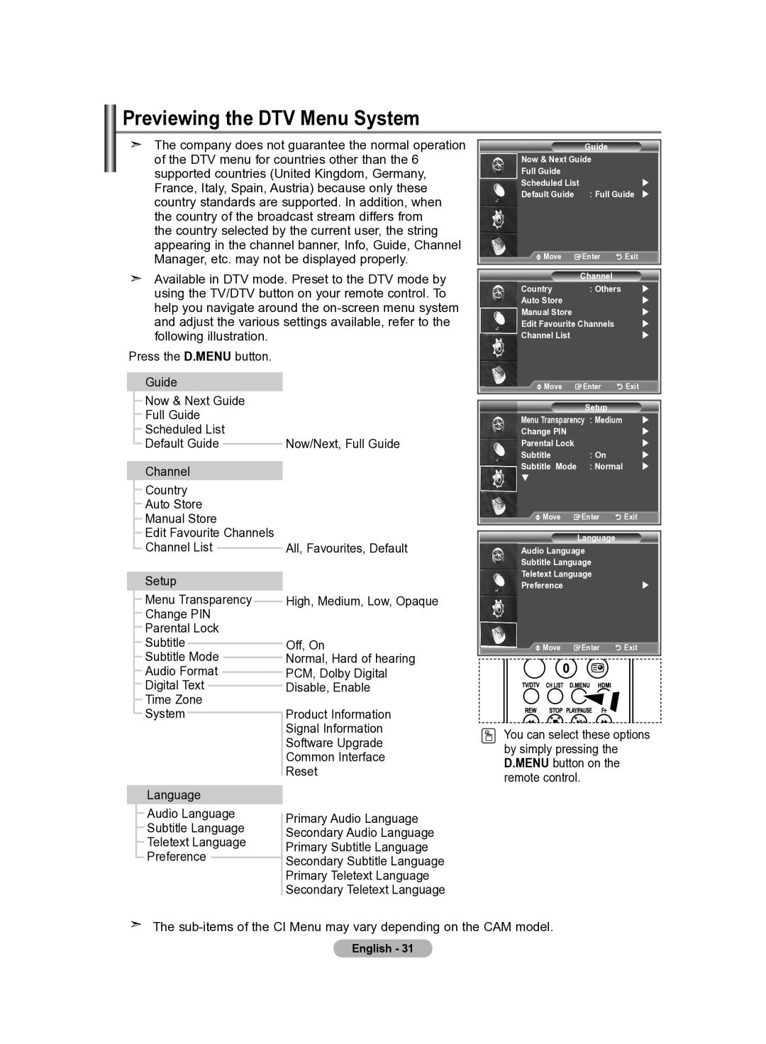 Samsung LE22S8 manual Previewing the DTV Menu System 