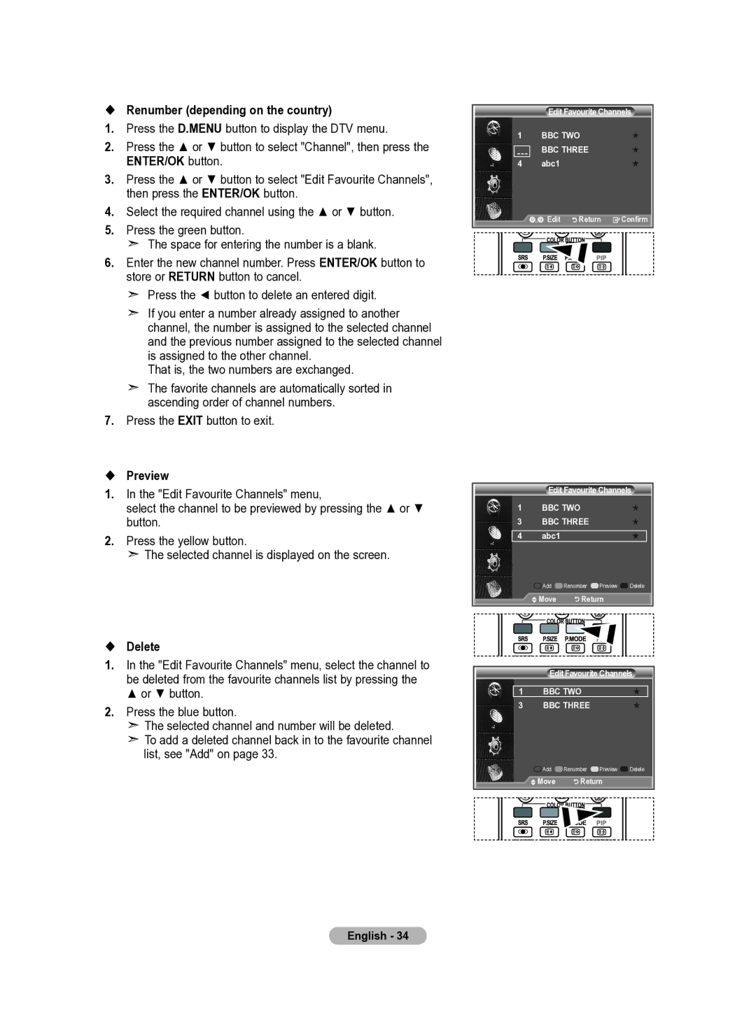 Samsung LE22S8 manual  Renumber depending on the country,  Preview,  Delete, Abc1 Move 