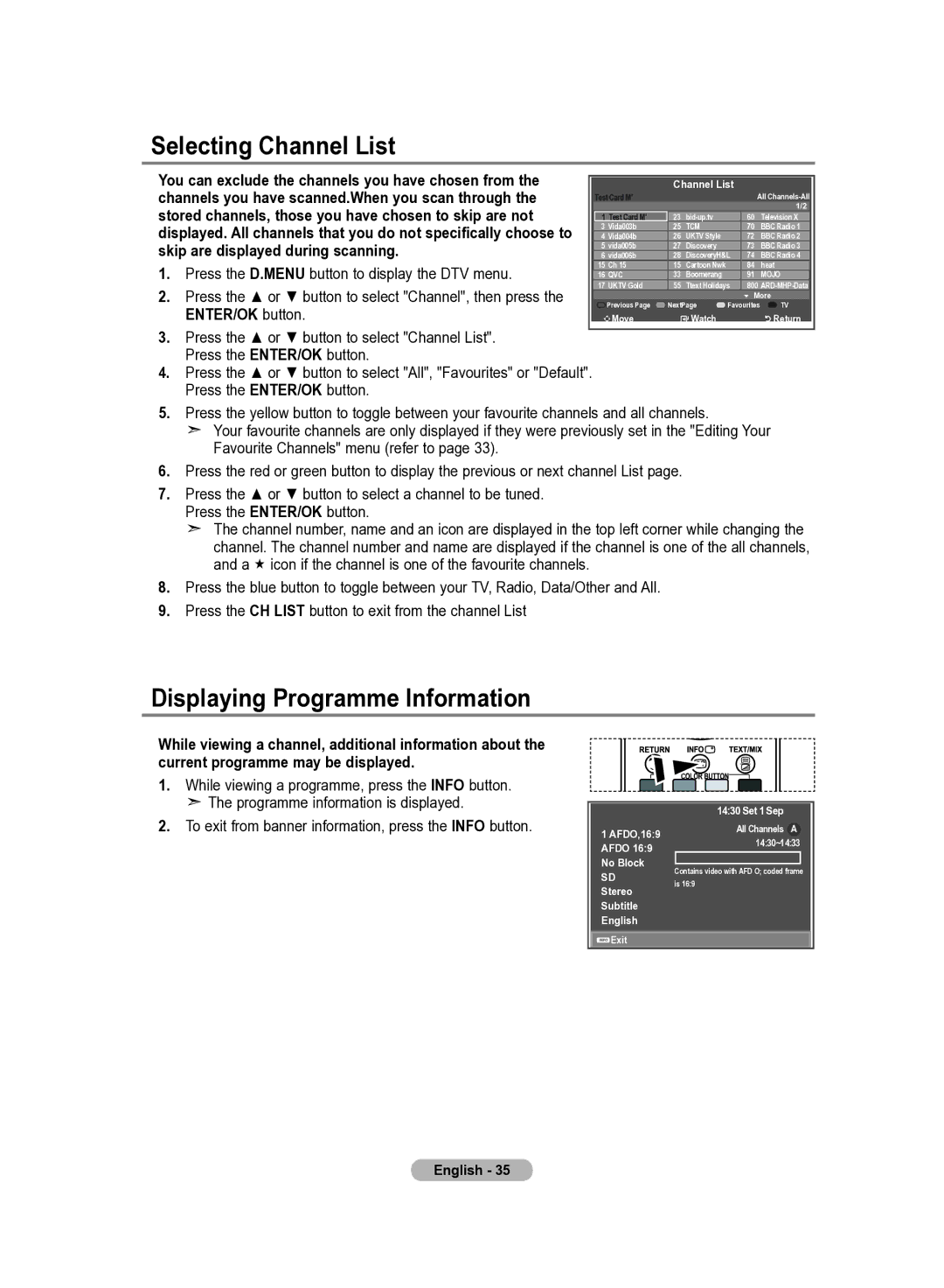 Samsung LE22S8 manual Selecting Channel List, Displaying Programme Information, Set 1 Sep AFDO,169, Afdo No Block 