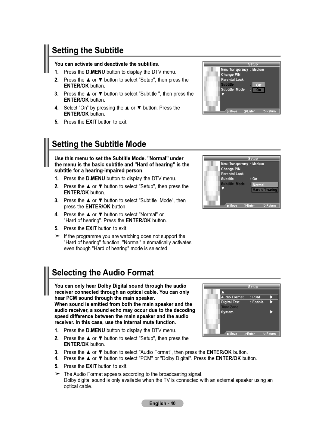 Samsung LE22S8 Setting the Subtitle Mode, Selecting the Audio Format, You can activate and deactivate the subtitles 