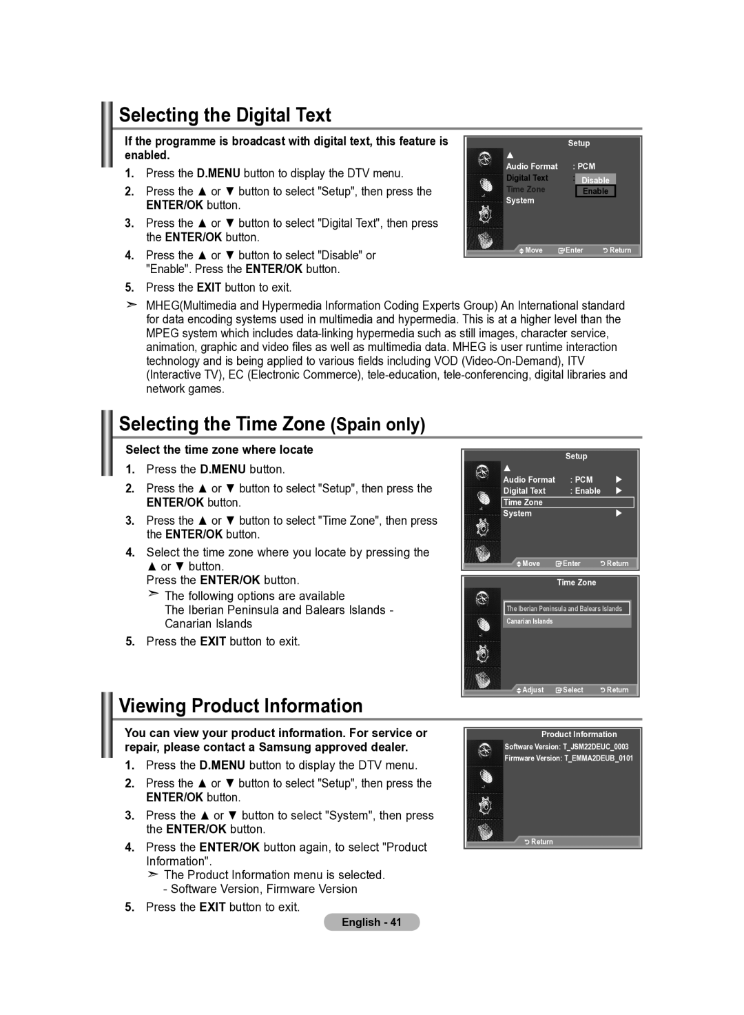 Samsung LE22S8 manual Selecting the Digital Text, Selecting the Time Zone Spain only, Viewing Product Information 