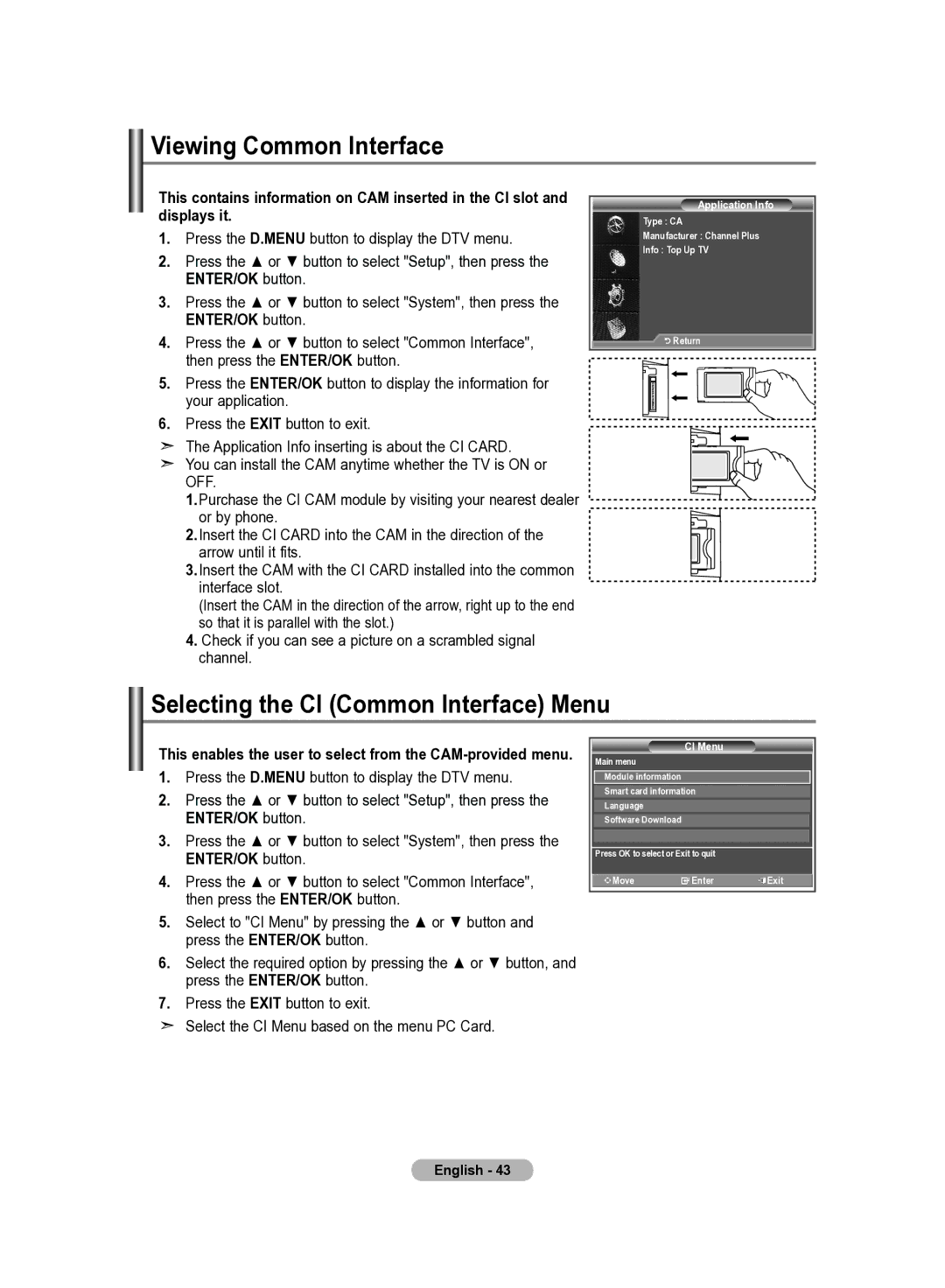 Samsung LE22S8 manual Viewing Common Interface, Selecting the CI Common Interface Menu, CI Menu 