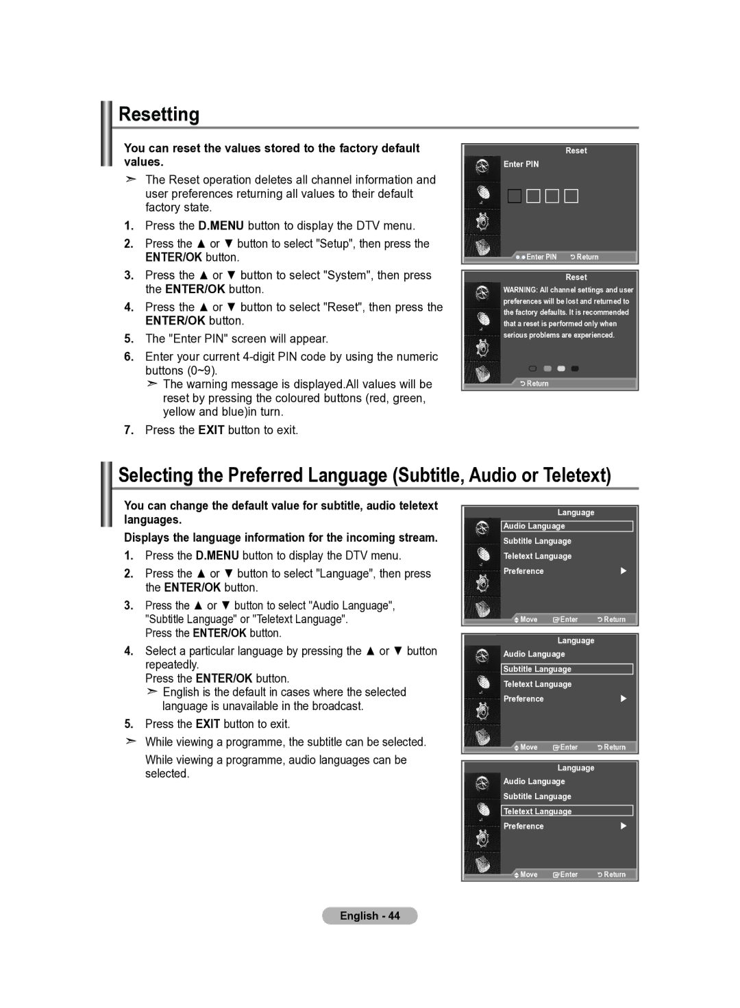 Samsung LE22S8 manual Resetting, Selecting the Preferred Language Subtitle, Audio or Teletext 