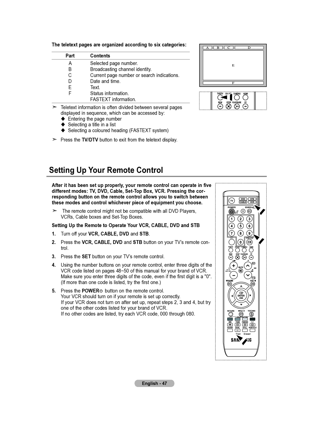 Samsung LE22S8 manual Setting Up Your Remote Control 