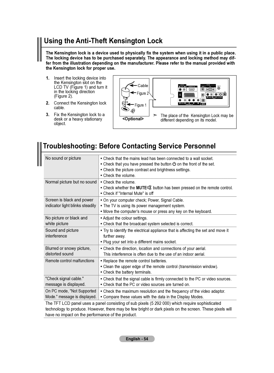 Samsung LE22S8 manual Using the Anti-Theft Kensington Lock, Troubleshooting Before Contacting Service Personnel, Optional 