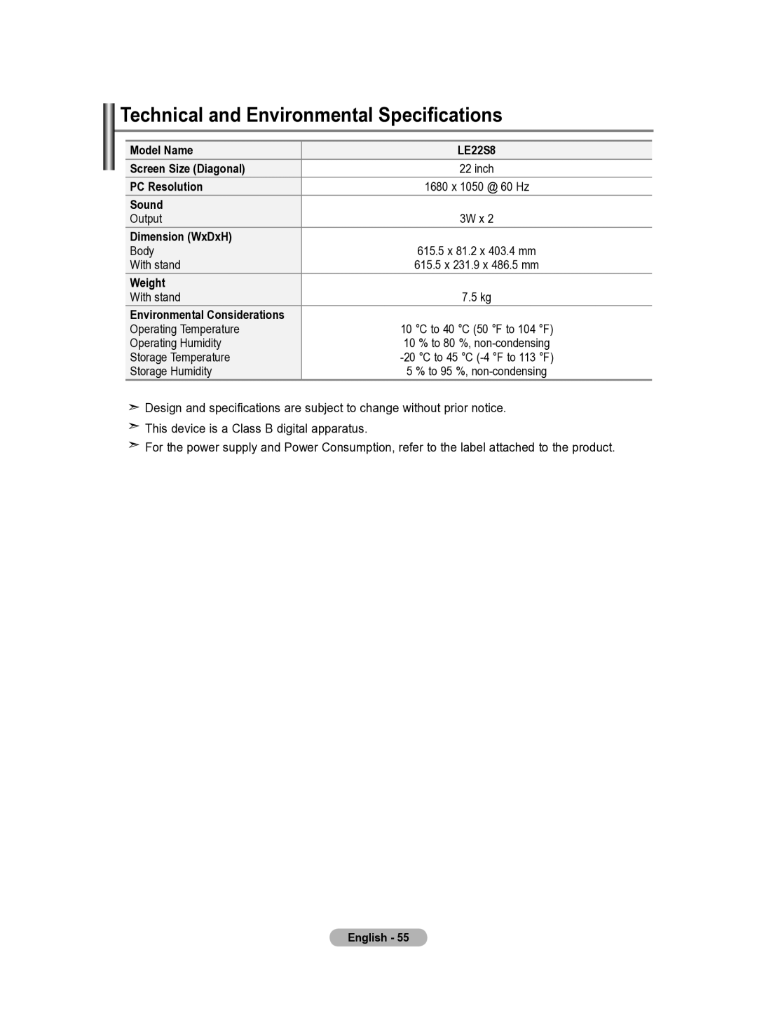 Samsung LE22S8 manual Technical and Environmental Specifications 