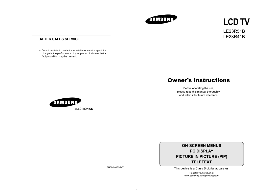 Samsung LE23R41B manual Lcd Tv 