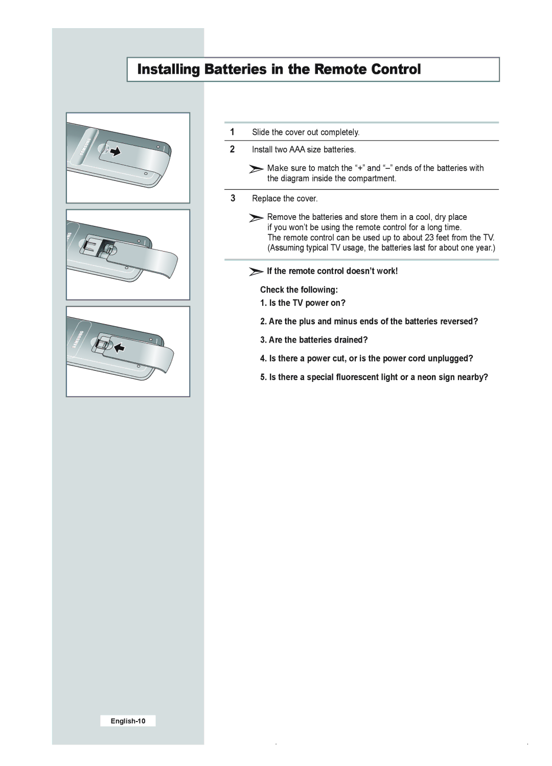 Samsung LE23R41B manual Installing Batteries in the Remote Control 