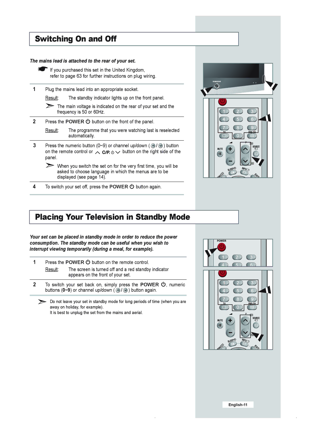 Samsung LE23R41B manual Switching On and Off, Placing Your Television in Standby Mode 