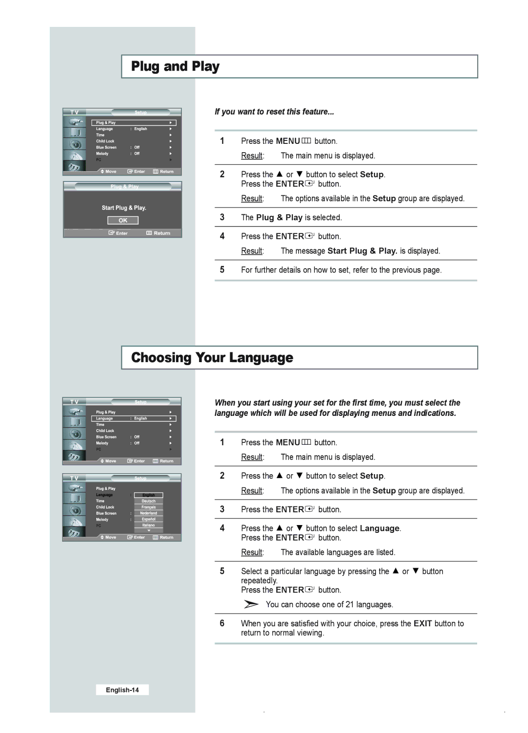 Samsung LE23R41B manual Choosing Your Language, If you want to reset this feature 