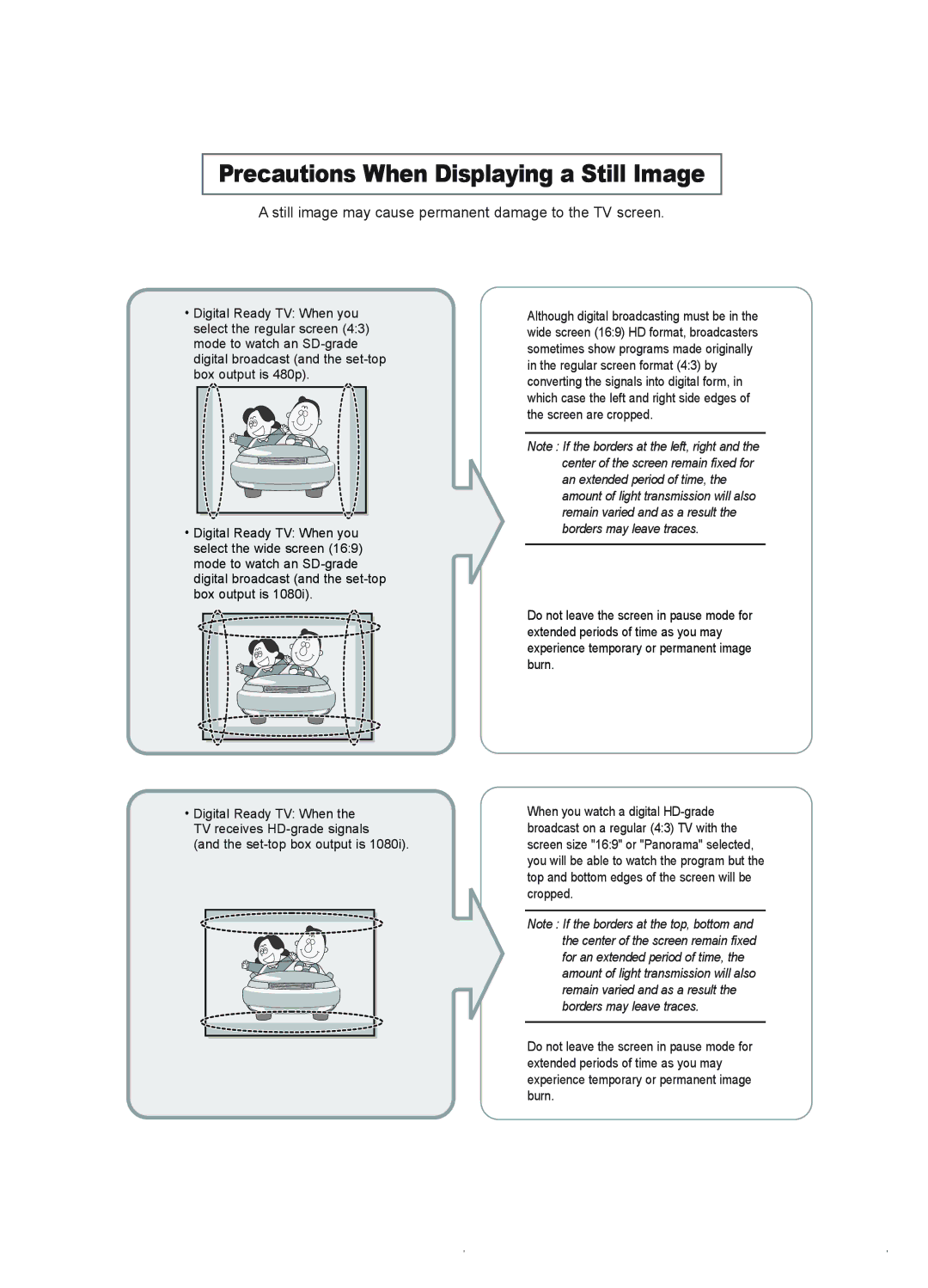 Samsung LE23R41B manual Precautions When Displaying a Still Image, Still image may cause permanent damage to the TV screen 