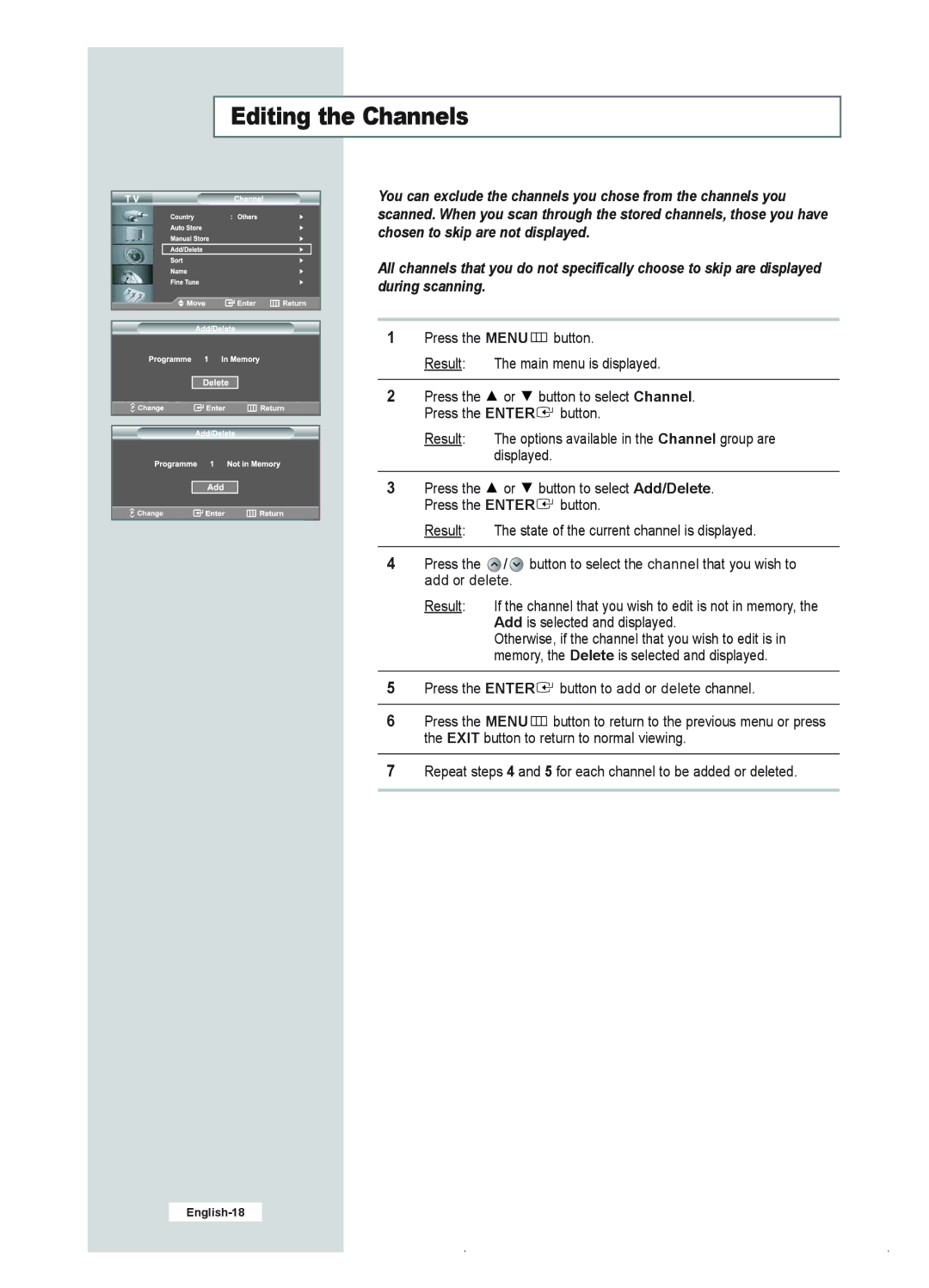 Samsung LE23R41B manual Editing the Channels 